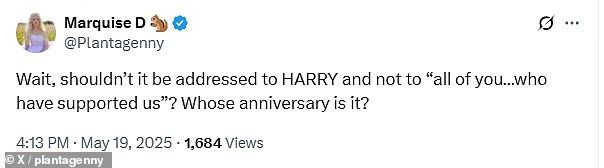 Meghan, 43, was slammed for not making any mention of Harry in the caption of her Instagram post celebrating her anniversary