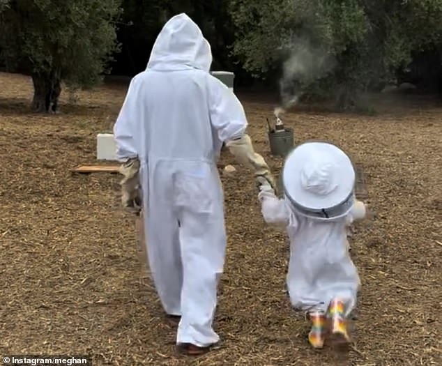 Meghan shared a video on May 27 of her and Lilibet harvesting honey in beekeeping suits