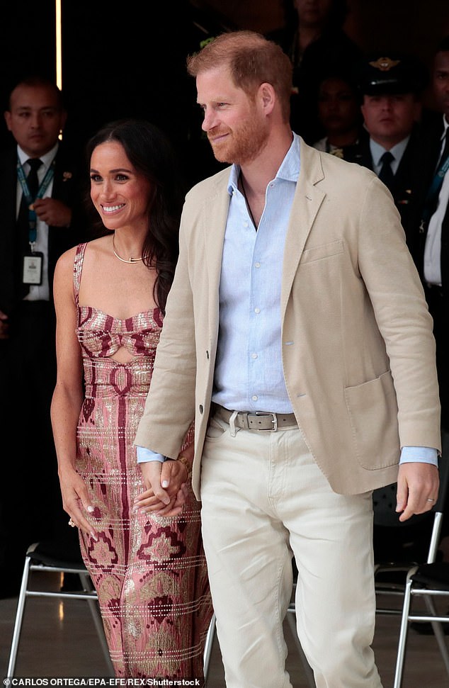 The Duchess of Sussex suggested something new is brewing at the company as she flaunted the stack of rings, estimated to be worth around £210,000 in the snap shared on Instagram. she is photographed here with her husband, the Duke of Sussex, at an event in Bogota, Colombia, last year