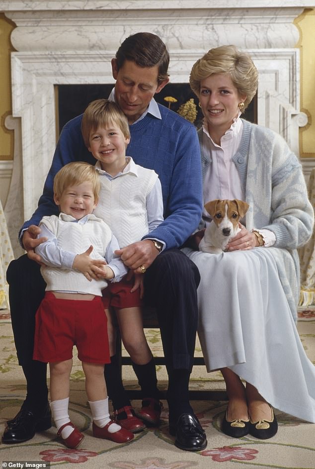 Prince Charles and Princess Diana at home in Kensington Palace with their sons Prince William and Prince Harry in December 1986