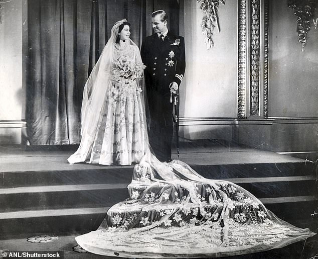 Queen Elizabeth's £30,000 gown was made by British couturier Norman Hartnell. Because of rationing measures in place after the war, the dress was paid for with clothing ration coupons