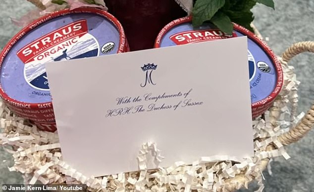 A gift basket and HRH note sent to Meghan's friend, CEO of IT Cosmetics Jamie Kern Lima. Meghan's spokesman last month denied that has been using it for commercial gain