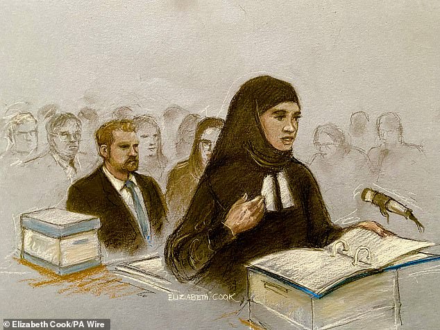 A sketch of the courtroom of Shaheed Fatima KC watched by her client the Duke of Sussex