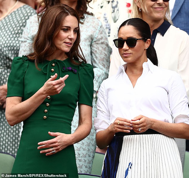 The stylist also expressed his thoughts on the Princess of Wales, saying she's doing 'a great job', and said it was 'sad' that Meghan Markle decided to break from the royal family (Kate and Meghan in the Royal Box on Centre Court at Wimbledon in 2019, a year after their bridesmaid dress row)