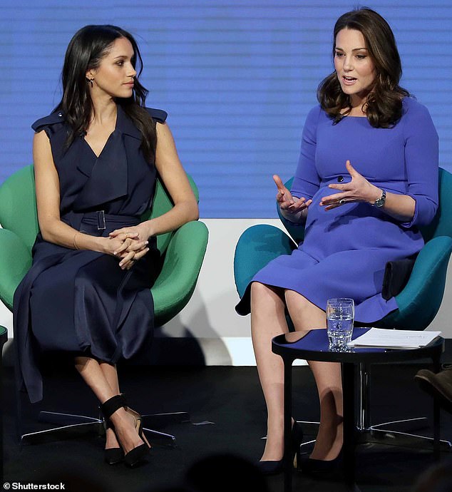 Meghan and Kate speak on stage at the First Annual Royal Foundation Forum in 2018