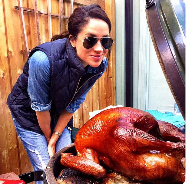 On the day of their engagement Meghan had been roasting a chicken. She is pictured with a Thanksgiving turkey in 2015