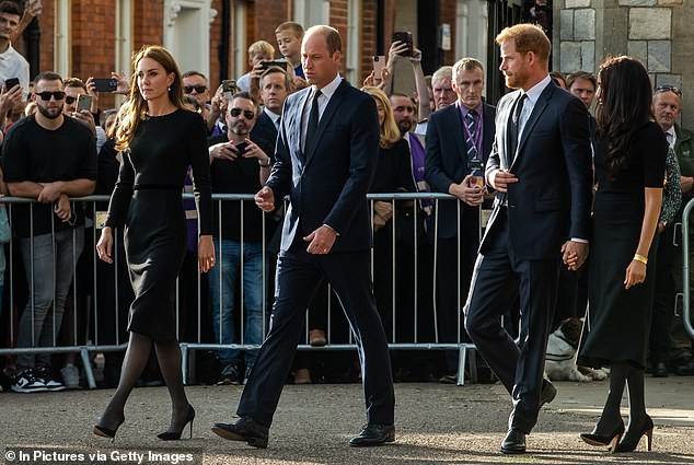 Kate, William, Harry and Meghan greet well-wishers outside Windsor Castle in 2022