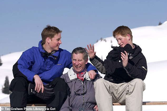 William and Harry share a joke with Prince Charles during a photocall on the ski slopes in Klosters, Switzerland, in 2007