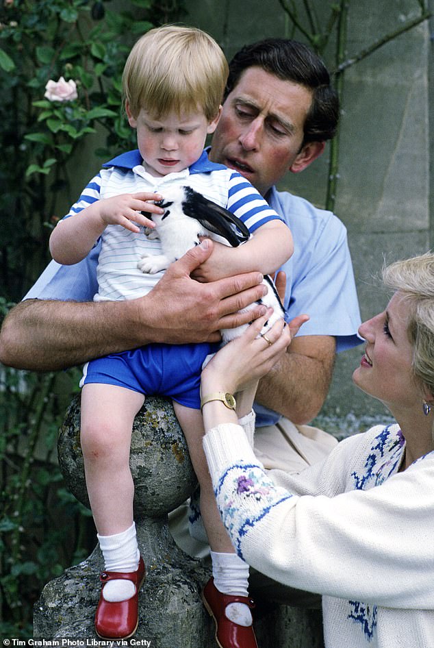 A young Harry with his parents and pet rabbit at Highgrove House in Gloucestershire