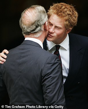 Harry greets his father at the 10th anniversary memorial service for Princess Diana in August 2007