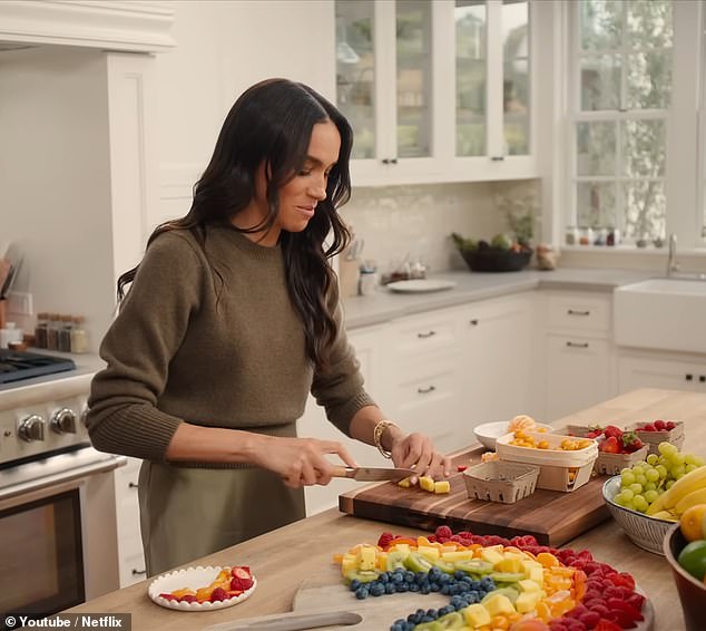 Meghan previously demonstrated how to plate up Chinese takeaway food 'beautifully' as well as making banana split and fruit salad decorated with edible flowers on her Netflix show With Love, Meghan