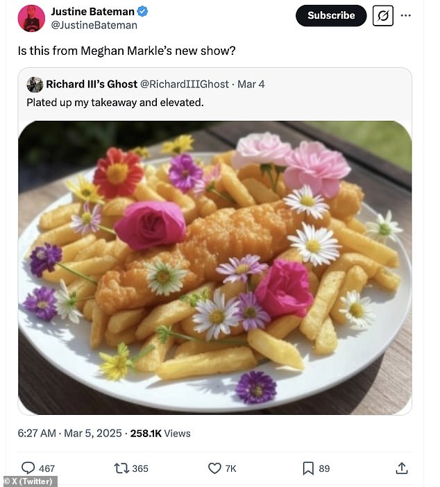 Family Ties star Justine Bateman joined in on the viral thread which was shared on X to take a swipe at the Duchess of Sussex for her food presentation