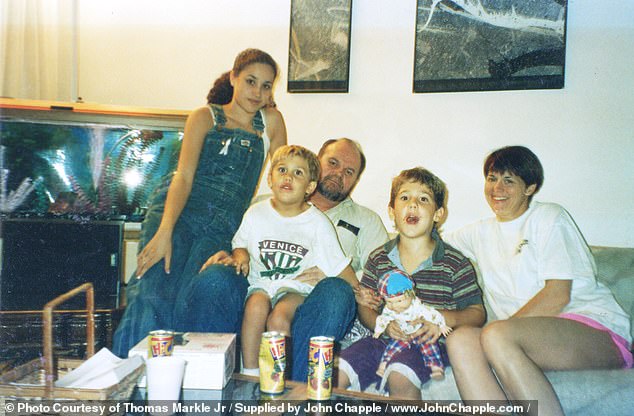 Although Meghan is close to her mother Doria, she’s estranged from her father Thomas and her two half-siblings, Samantha and Thomas Markle Jr (pictured with Tyler Dooley, father Thomas, half brother Thomas and Samantha)