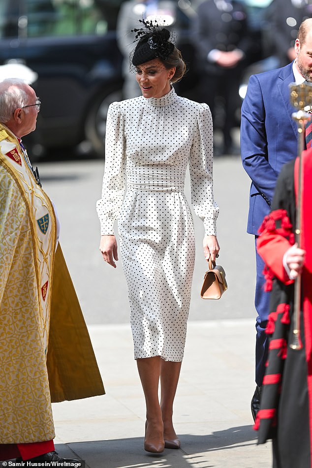 Kate put on an elegant display in a black and white polka dot dress from Alessandra Rich dress and a black fascinator by Juliette Botterill