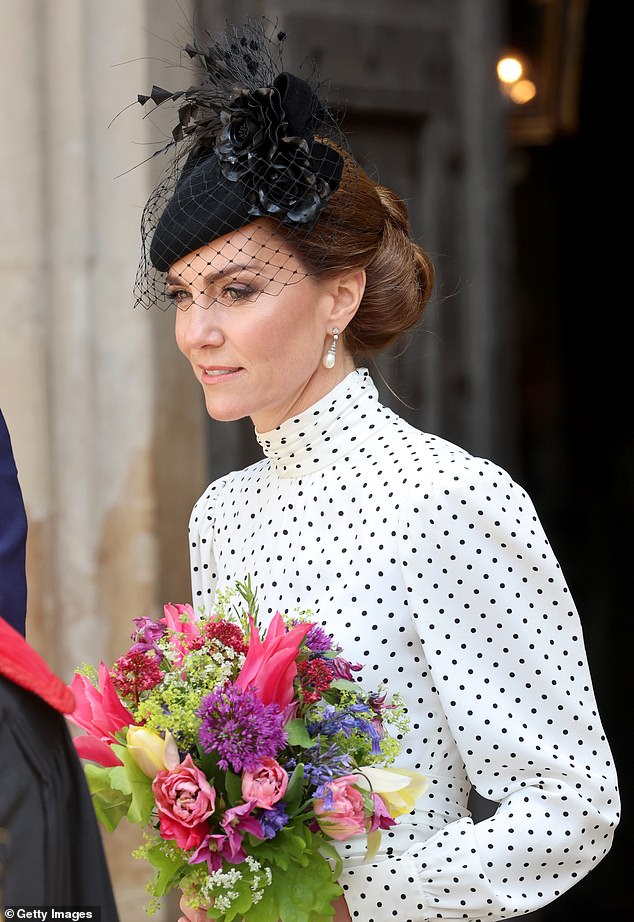The Princess was the picture of elegance as she carried the tributes while sporting her Alessandra Rich frock
