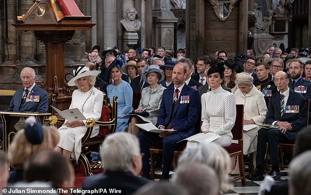 Pictured: (From L to R, front row) King Charles, Queen Camilla, the Prince and the Princess of Wales and (L to R, back row) the Duke and Duchess of Edinburgh, the Princess Royal and Vice Admiral Sir Tim Laurence, the Duke and Duchess of Gloucester and the Duke of Kent at the Service of Thanksgiving at Westminster Abbey
