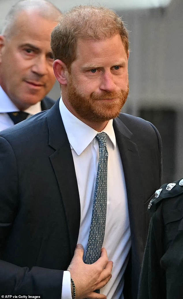 Harry is pictured at the Royal Courts of Justice on April 8 during his appeal against a High Court ruling preventing him from getting automatic taxpayer-funded police protection in the UK