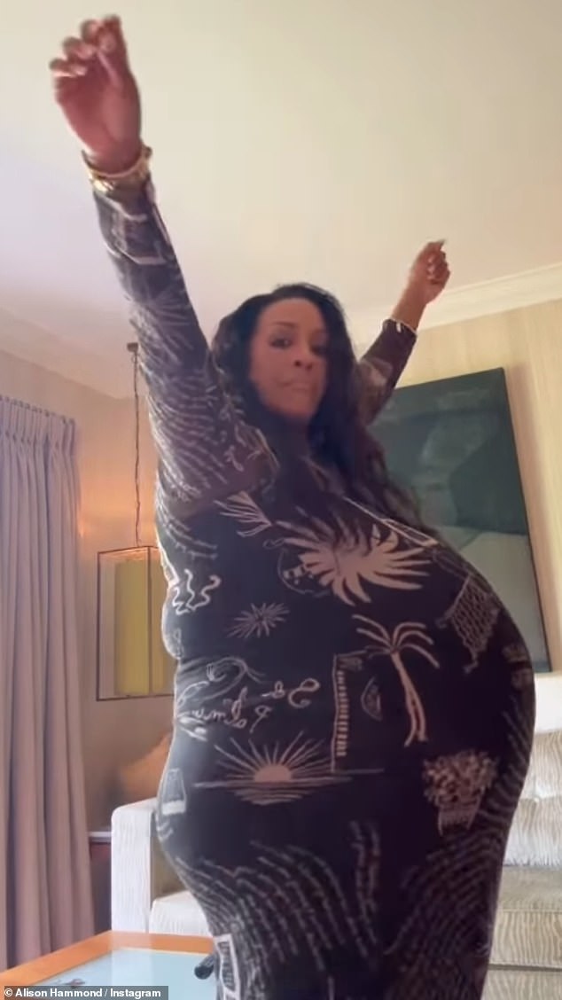 Alison dancing wildly as she recreated Meghan Markle 's twerking video in an attempt to induce daughter Lilibet's birth in 2021