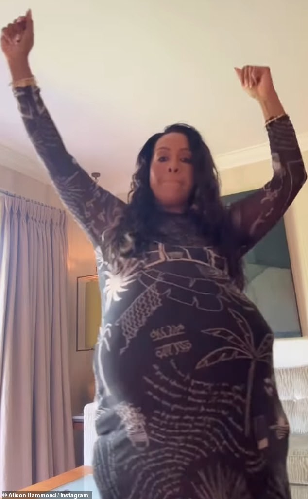 Alison sported a huge fake belly under her figure hugging dress as she showcased her moves while dancing to Starrkeisha's viral song Baby Mama