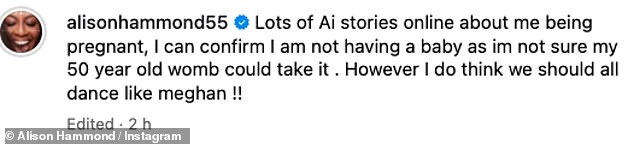 The broadcaster, who is already mum to son Aidan, 20, whom she shares with ex-husband Noureddine Boufaied, captioned the post: 'Lots of AI stories online about me being pregnant,'