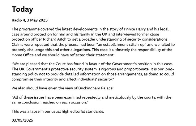 The clarification on the BBC website over its Prince Harry coverage