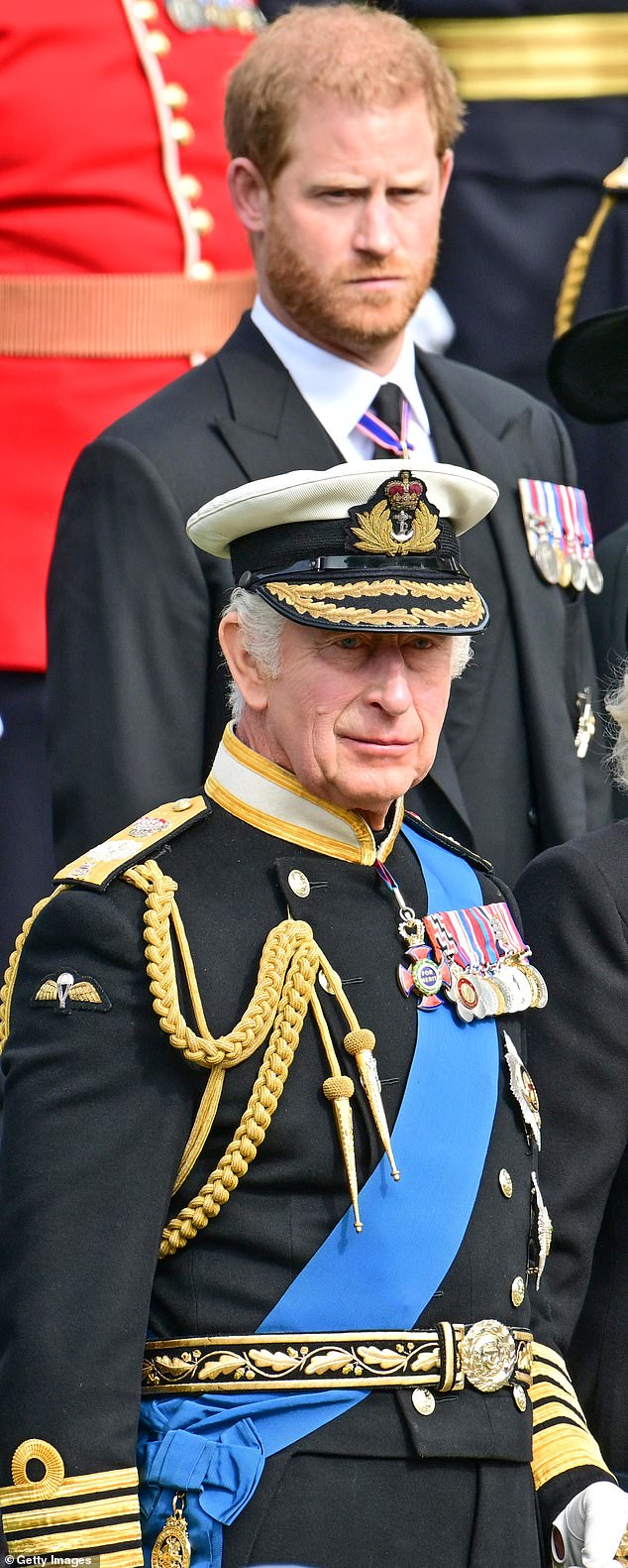 In an emotional interview with the BBC , Harry said he was 'devastated' after sensationally losing his court fight - putting him on the hook for £1.5million in legal costs. Pictured: King Charles and Prince Harry observe the coffin of Queen Elizabeth II as it is transferred from the gun carriage to the hearse at Wellington Arch following her State Funeral