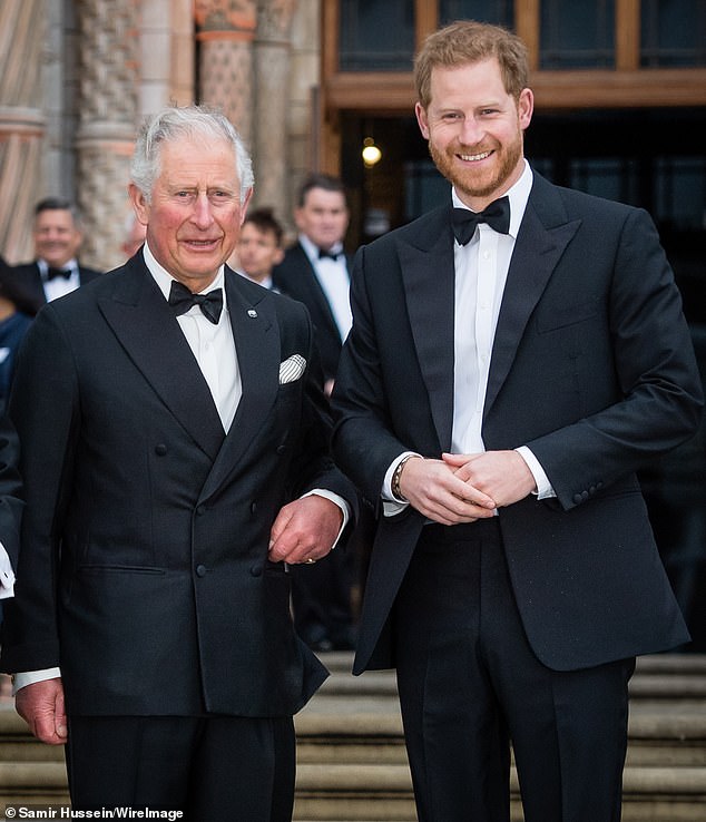 Prince Harry, pictured here with King Charles at London's Natural History Museum in April 2019, has now said his father no longer speaks to him