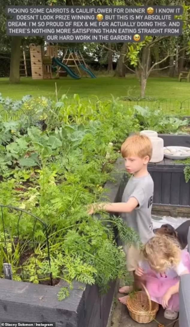Stacey shared a picture of her children picking home-grown produce from her vegetable garden on Instagram
