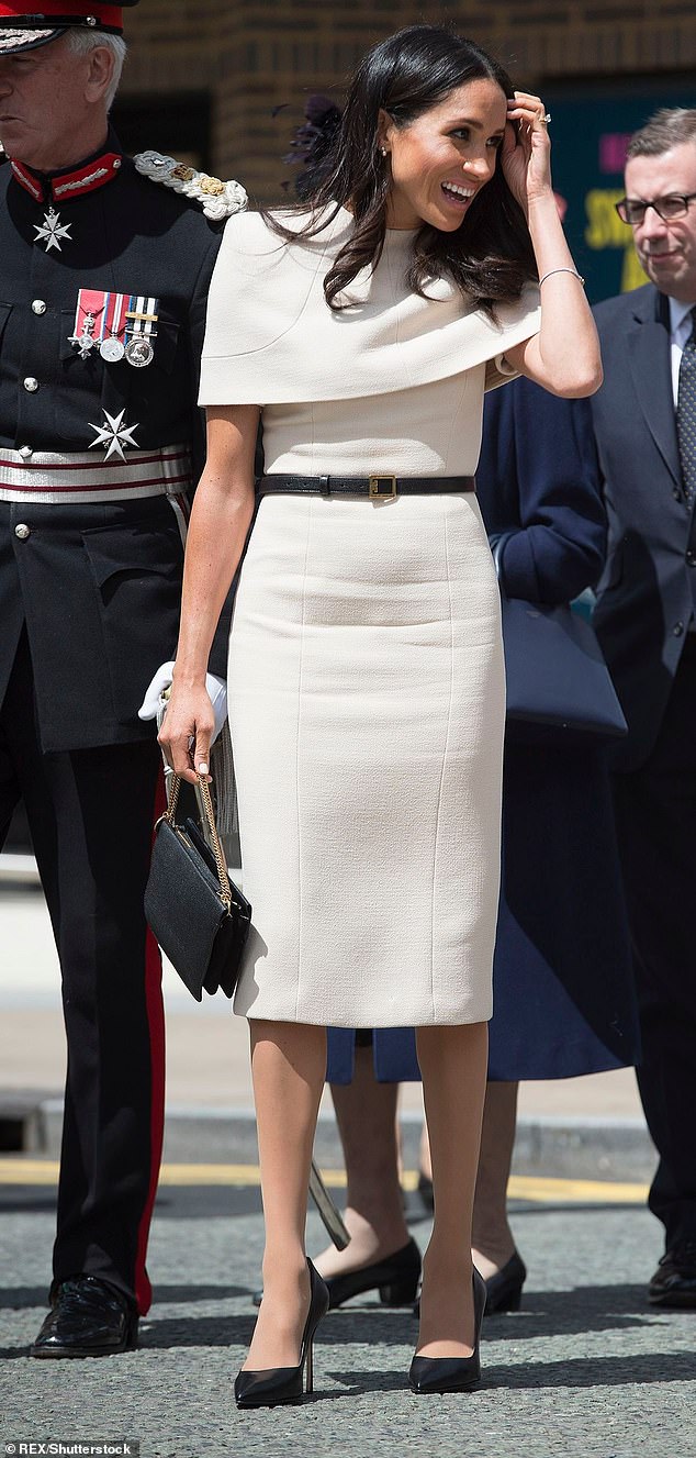 For her first solo engagement with Queen Elizabeth in 2018, Meghan wore a caped Givenchy dress to visit Cheshire. Though elegant in design, the dress showed prominent creasing just minutes into the appearance - clearly visible in photographs