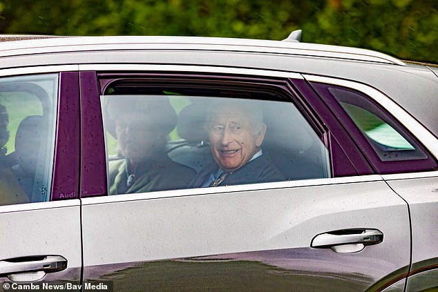 The monarch smiled and waved to royal well-wishers as he attended the 11am service on Sunday
