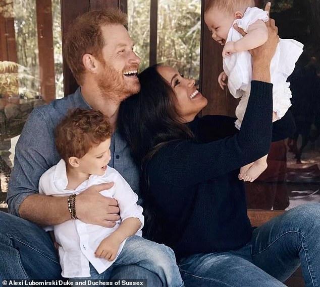 Harry and Meghan are pictured with their children, Archie and Lilibet, in California