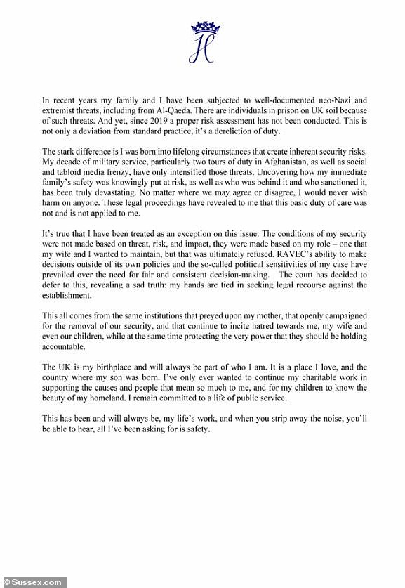 Harry's statement in full that he issued on Friday night following the loss of his court appeal