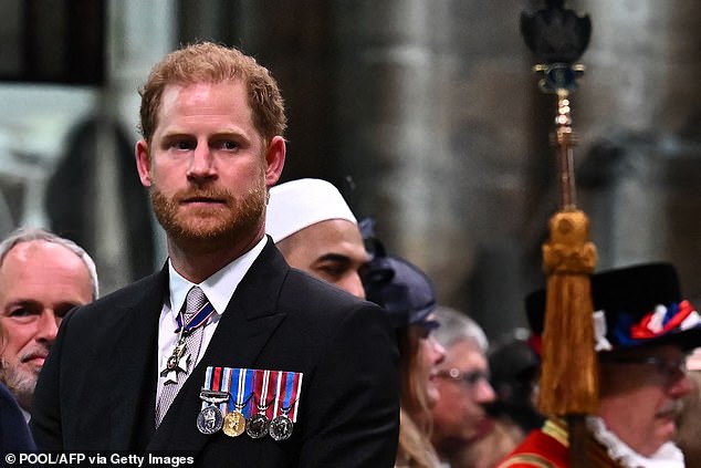 Prince Harry sits in the third row of Westminster Abbey alongside Princesses Beatrice and Eugenie