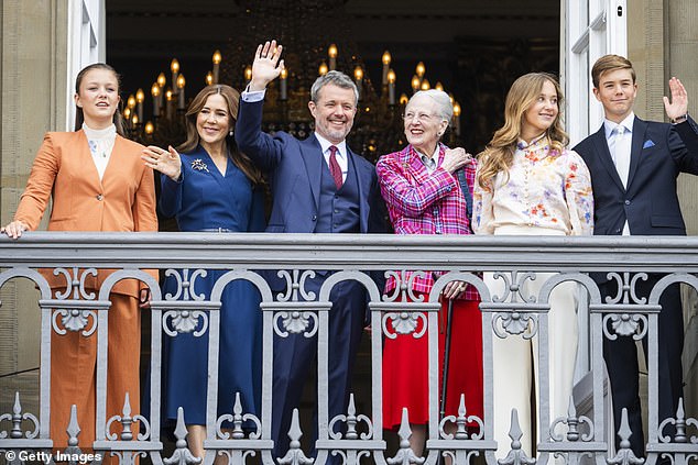 The core members of the Danish royal family appeared on the palace balcony on May 26 to greet crowds of well-wishers. In attendance were King Frederik (centre), his wife Queen Mary (centre left) and former monarch Queen Margrethe (centre right). Also present were three of Frederik's children (left to right) Princess Isabelle, Princess Josephine and Prince Vincent