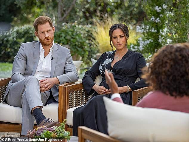 Harry and Meghan during their interview with Oprah, which featured several bombshells