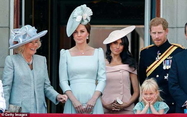 Camilla, Kate, Meghan, Harry and Isla Phillips on the balcony of Buckingham Palace during Trooping the Colour 2018