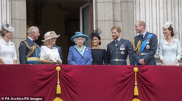 Sophie and Meghan are pictured with other members of the Royal Family where they watched a Royal Air Force flypast over central London