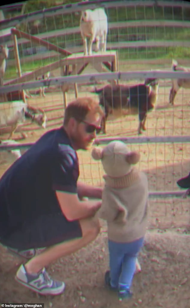 Elsewhere, Harry, dressed in shorts and New Balance trainers, enjoyed a trip out to a petting farm with Lilibet