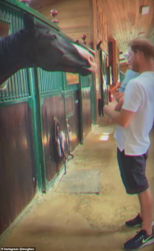 The father-of-two held his young son in his arms while attempting to feed a horse a carrot in another moment