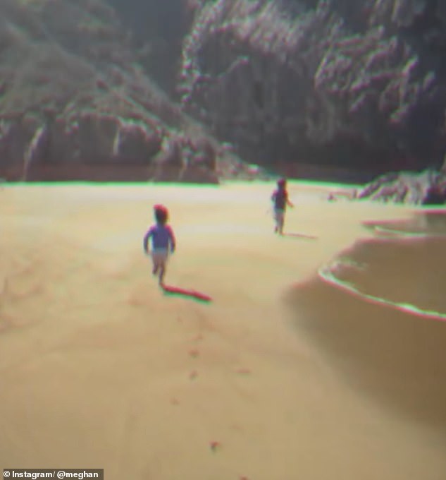 Archie and Lilibet sprinted across golden sands as their parents walked behind in another clip shared on Sunday