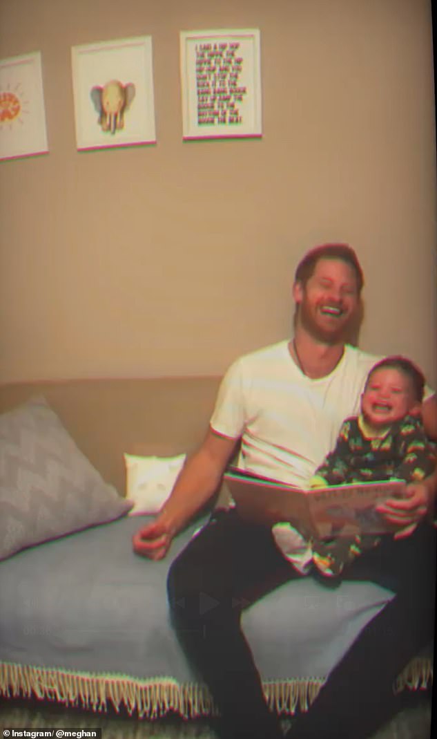 Meghan shared sweet footage of her husband and eldest child giggling while reading a bedtime story