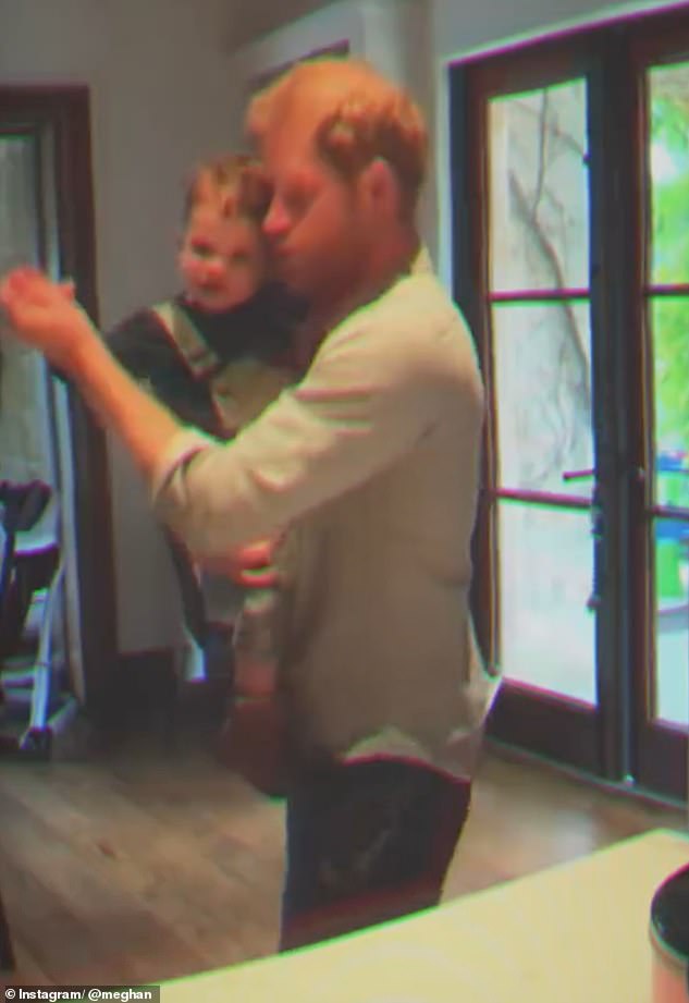 Harry and his son Archie playfully danced around their kitchen in another clip shared by Meghan on Sunday