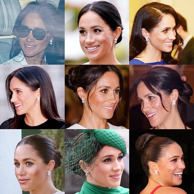 Royal watchers also noticed that she was wearing $15,000 Birks 2.15ct Snowflake Snowstorm Diamond earrings that she wore no less than nine times to royal events before she and Harry quit as frontline royals