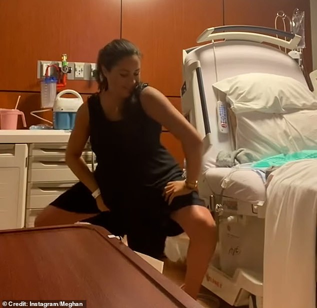 The Duchess of Sussex is seen twerking in the throwback clip in a bid to bring on labour