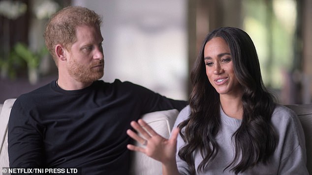 Harry and Meghan are pictured in their Netflix documentary, released in December 2022