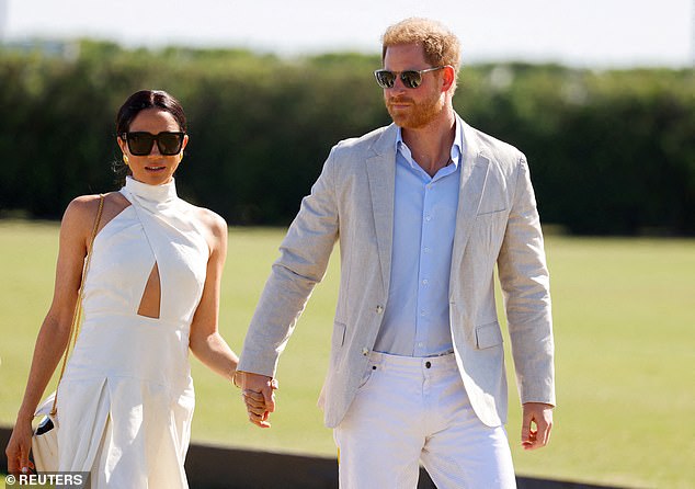 Harry and Meghan's fortunes have plummeted, with documentaries on the Invictus Games and Polo sinking without a trace. Pictured at the Royal Salute Polo Challenge to benefit Sentebale in April 2024