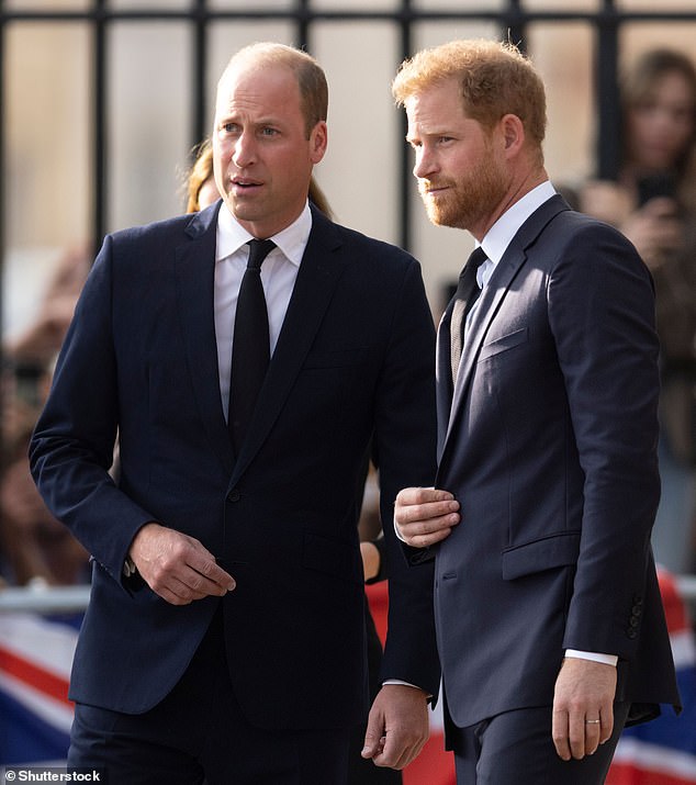 William and Harry look at the Flowers at Cambridge Gate at Windsor Castle in September 2022