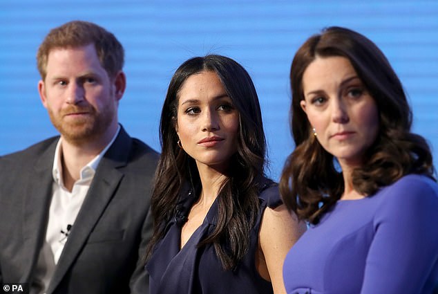 Harry, Meghan and Kate are pictured during the first Royal Foundation Forum in 2018