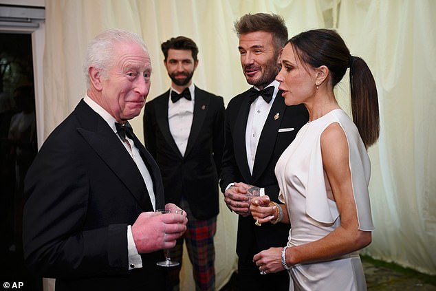 David and Victoria are pictured with King Charles during a dinner at Highgrove House, Tetbury in February 2025