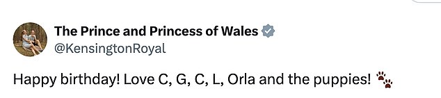 In a caption accompanying the photo Kate shared to mark Prince William's birthday, she wrote: 'Happy birthday! Love C, G, C, L, Orla and the puppies!'